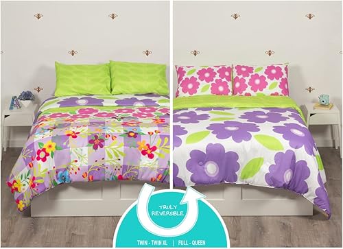Miniatura 5 de Juego de ropa de cama de microfibra verdaderamente reversible y súper esponjosa de 5 piezas para niños y adolescentes, flor de flores, tamaño