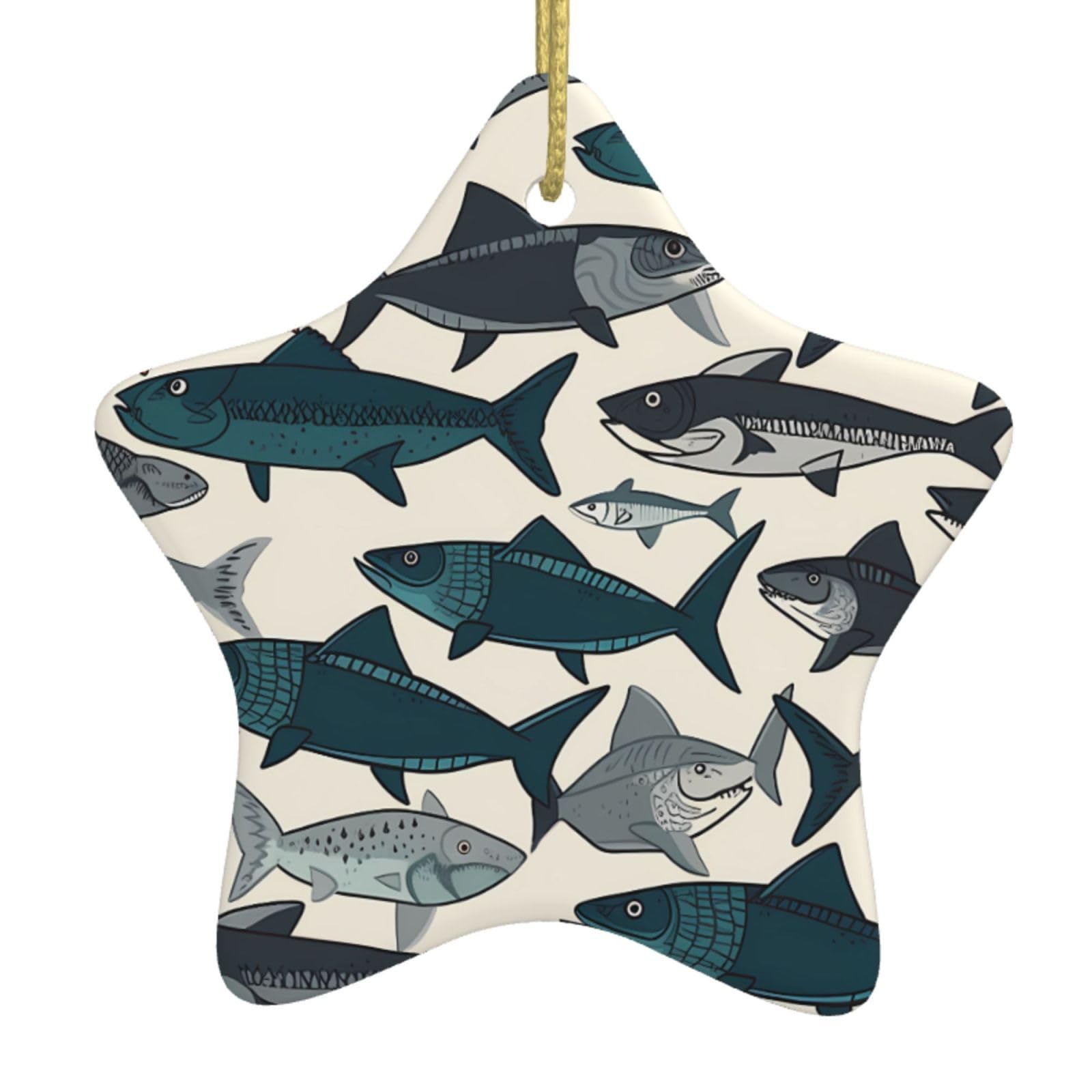 Ceramic Christmas Tree Hanging Ornaments with Gold Ropes Christmas Tree Decorations Star Ceramic Fish Pendant Keepsake Decorations for Holiday Xmas Gift Ideas
