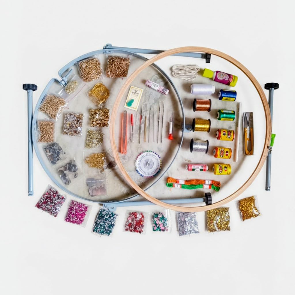 Combo of 51 PCS Aari/maggam Work Materials Kit with 18 Inch aari Wooden Embroidery Frame & 18’’ maggam work Stand wooden hoop–Embroidery Kit for Beginners– Full Maggam Work Material Set & Hand Embroidery Kit zari thread-image-33