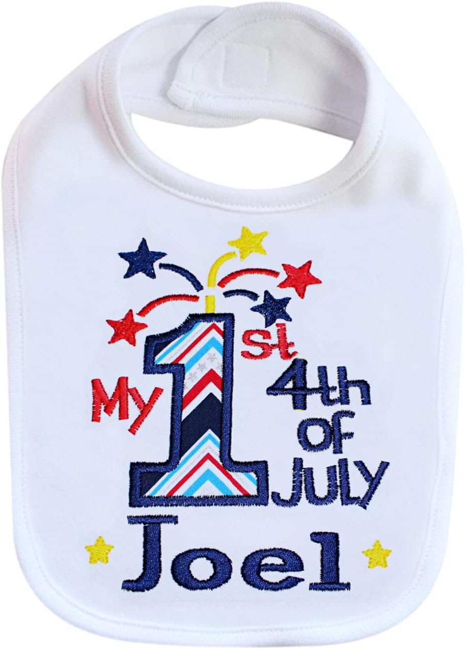 First 4th of July Bib Patriotic Baby Boy Bib Personalized with Name (WHITE/NAVY BLUE)