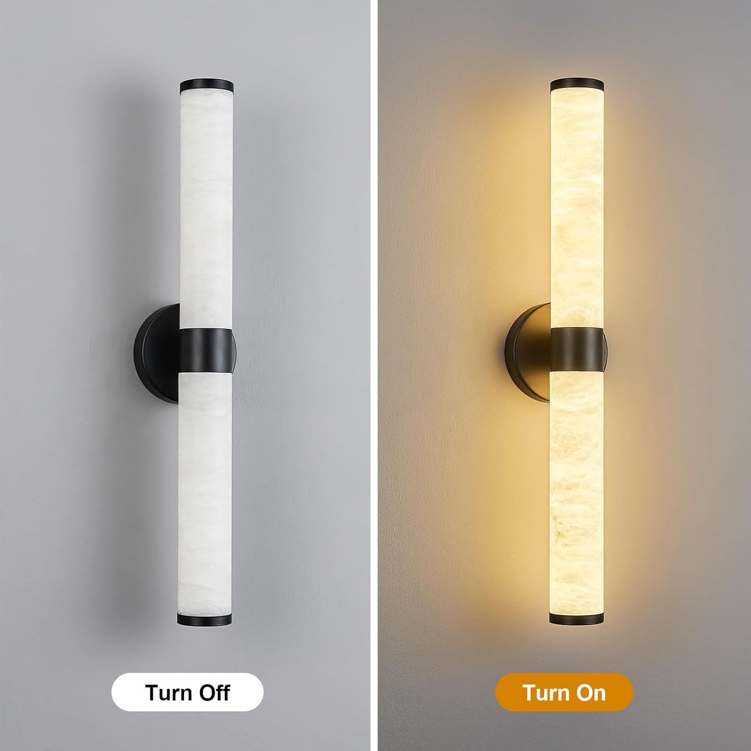 LMQNINE Natural Alabaster Wall Sconces Set of Two Modern Black LED Wall Lights 24" Spanish Marble Cylinder Sconces for Living Room Bedroom Bathroom Hallway Staircase