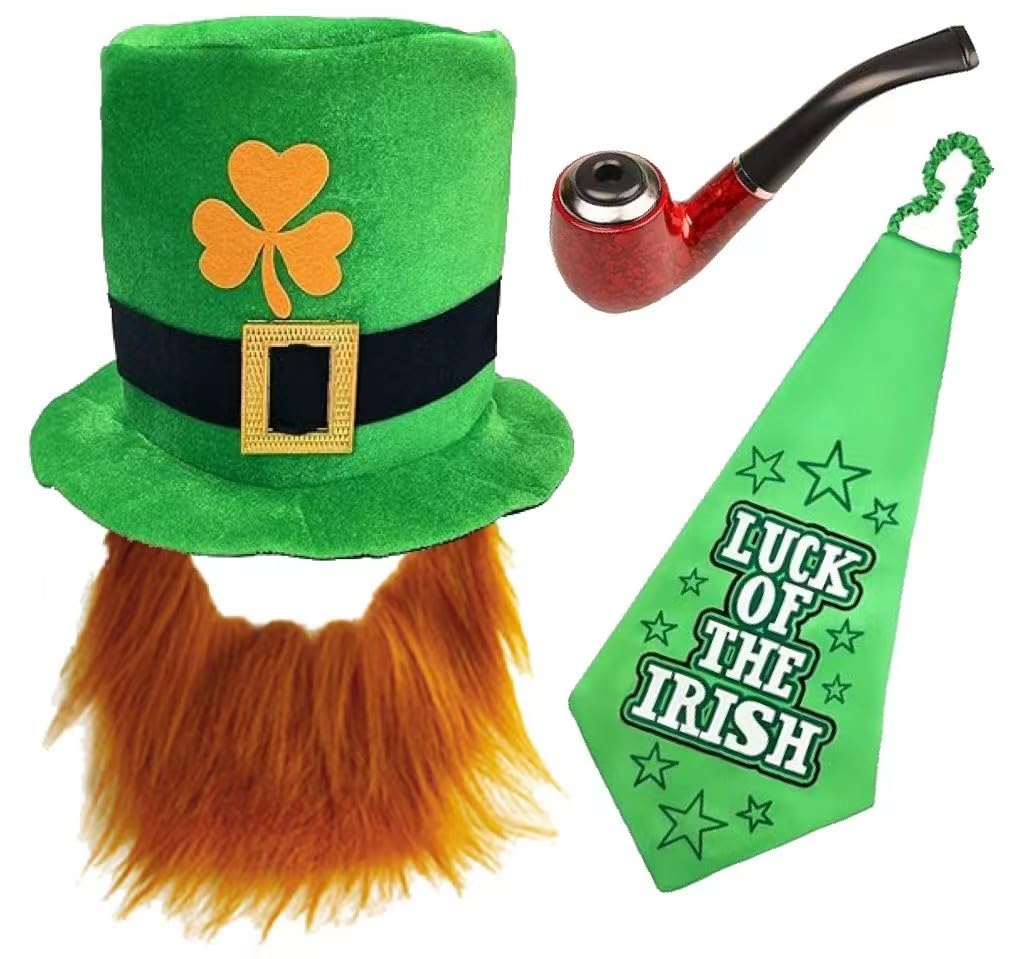 Kaimirui St. Patrick's Day Costume Accessory with Green Hat Beard, Green tie for Irish Day Party Irish Festival Accessory Carnival Party Parade Ireland Party