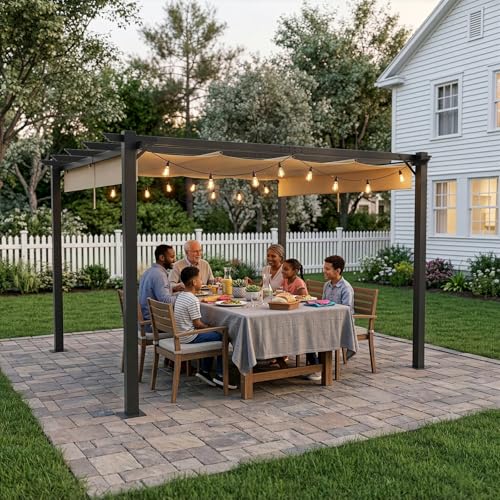 LEADZM Pergola 3x4 m Stabil Freistehende Pavillon Rostbeständigem Metallrahmen verstellbarem Schiebedach Wasserdicht & UV-Schutz Gartenpavillon für Garten errasse und Feiern Khaki