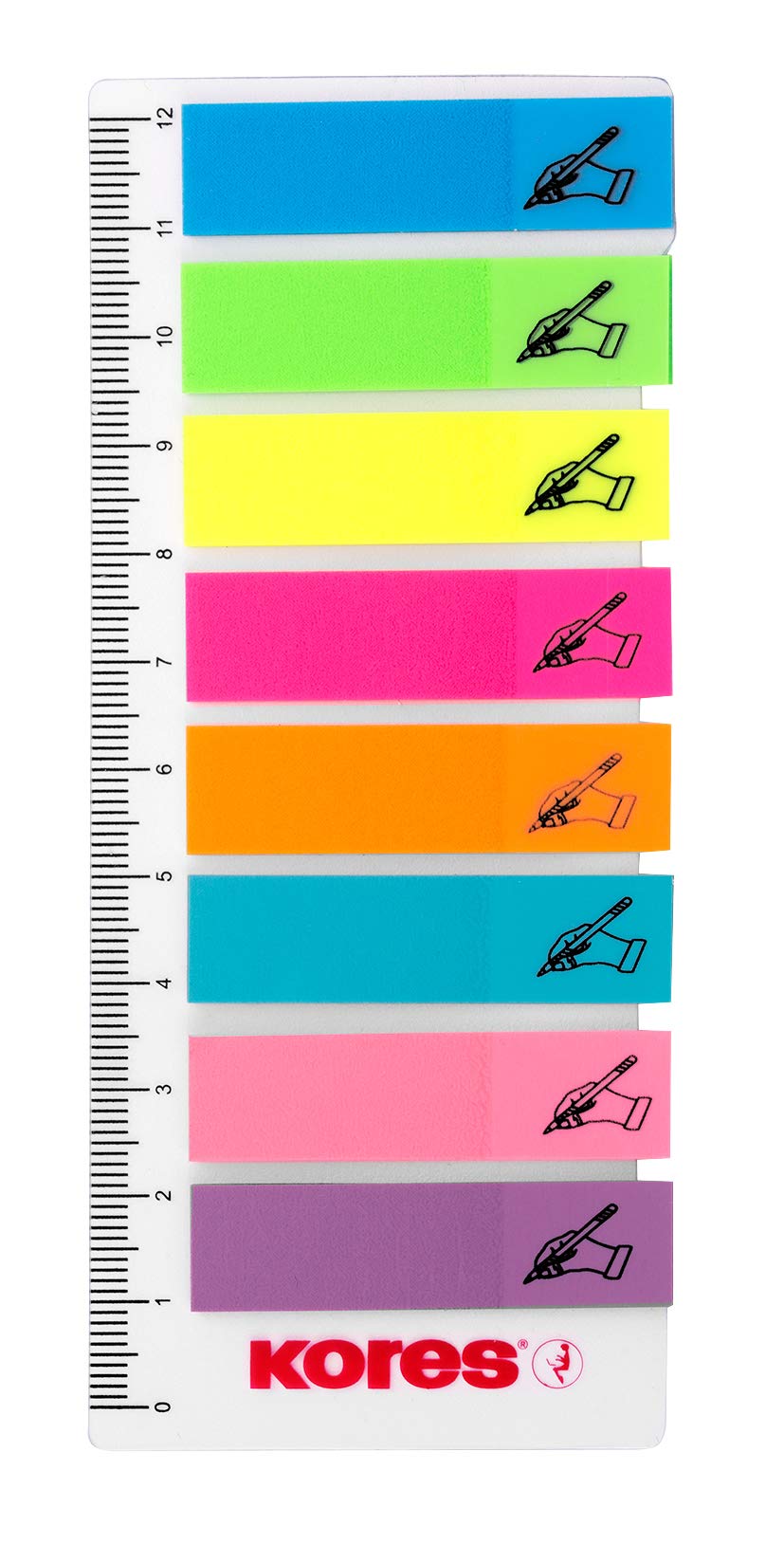 Kores - Sticky Labels on Ruler with "Sign Here" Icon - Film Index Tabs, Self-Adhesive Page Markers and Book Tabs - School and Office Supplies - 12 x 45 mm - Set of 8 Assorted Colours x 25 Sheets