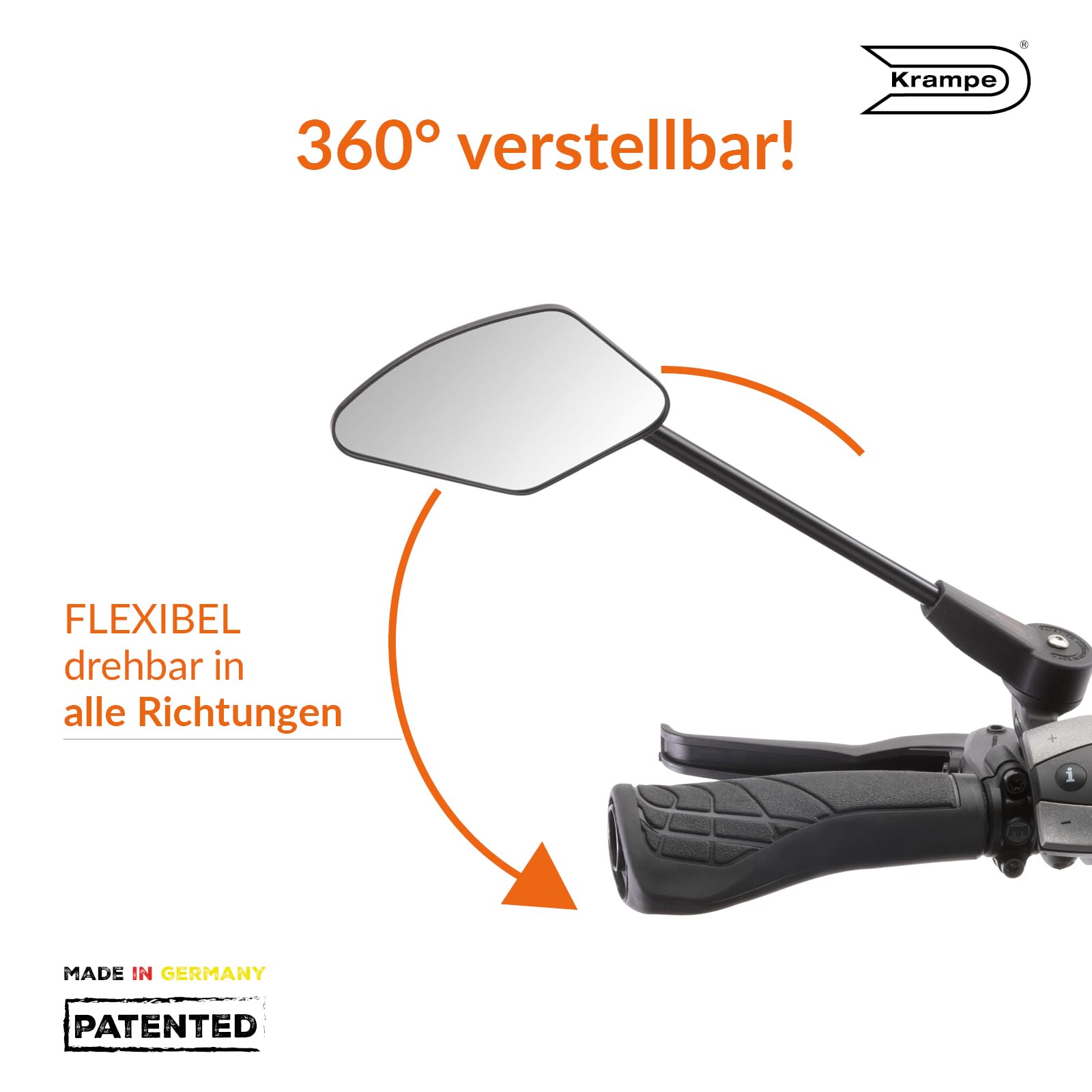 Krampe Fahrradspiegel "KF Cross Typ A"- Made in Germany, stabiler Rückspiegel für E-Bike & Fahhrad, individuell einstellbar, für linke und rechte Lenkerseite erhältlich (links)