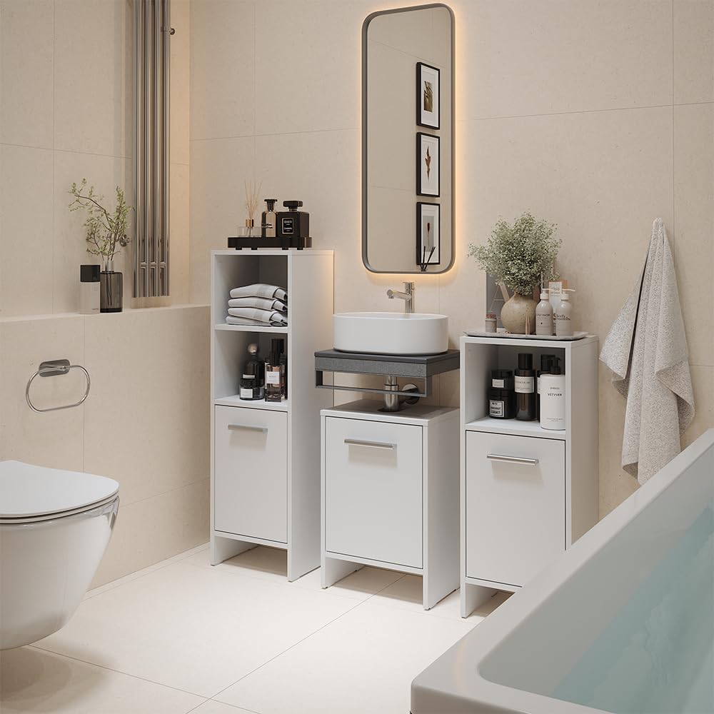 Vicco Meuble Vasque Simple Karli, Blanc, 38.2x57cm avec la Porte, Compatible avec Les siphons Standards et Installation Facile