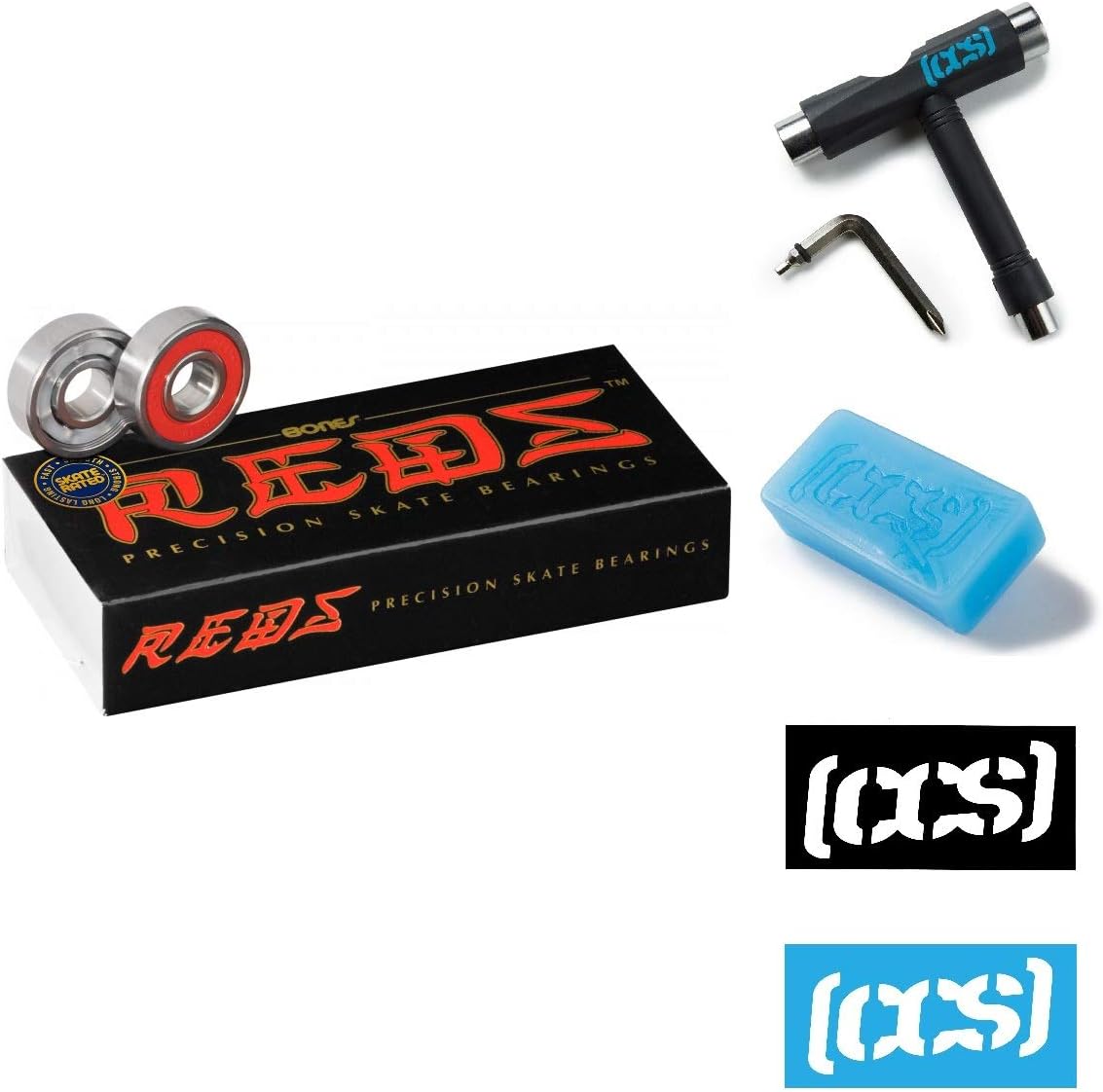 Bones Reds Skateboard Bearings 16 Pack with CCS Skateboard Tool, Wax, and Stickers