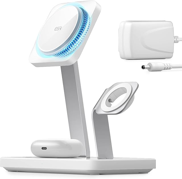 ESR HaloLock 3-in-1 Wireless Charger with CryoBoost, Compatible with MagSafe Charger Stand, Phone-Cooling Fast Charging Compatible with iPhone 14/13/12, AirPods Pro/3/2, with Adapter, Arctic White