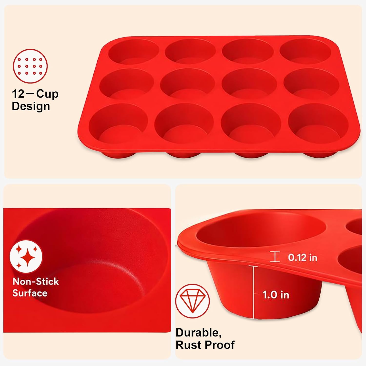 12 Cup Regular Size, Muffin Pans for Baking Nonstick 2 Pcs, Food-Grade Silicone Baking Molds for Baking & Cupcake Pan(red)