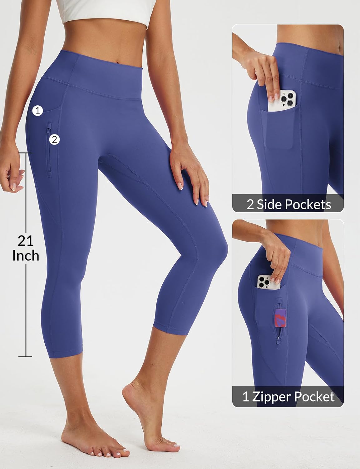 baleaf Women's Capri Leggings with 3 Pockets Tummy Control 21" Inseam Workout Capris Yoga Pants - Image 4