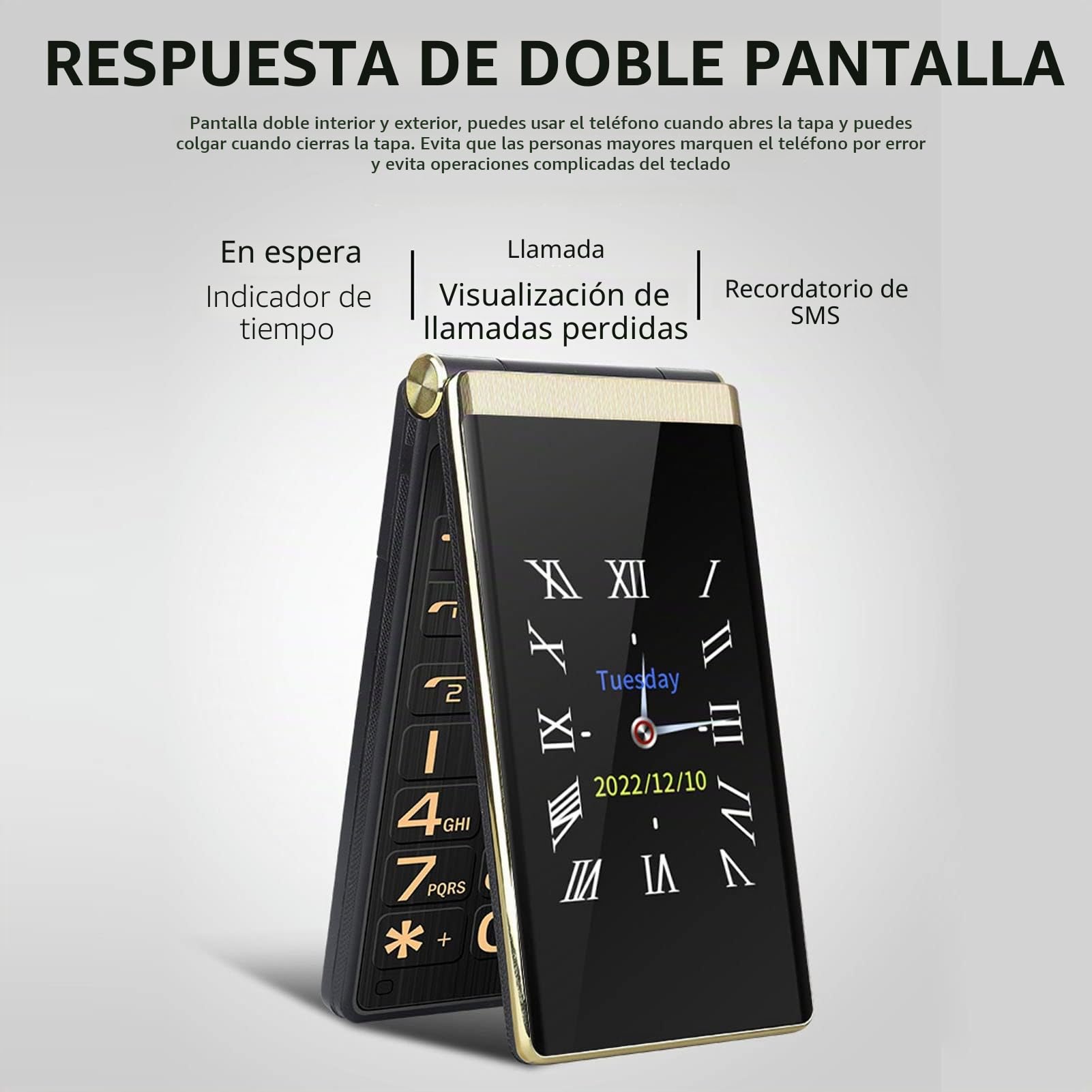 Teléfono Flip para Mayores con Botones Grandes, Móvil gsm para Mayores con Botón SOS, Linterna, Altavoz, Radio, Pantalla Dual, Cámara, 8 Números Familiares (Oro)