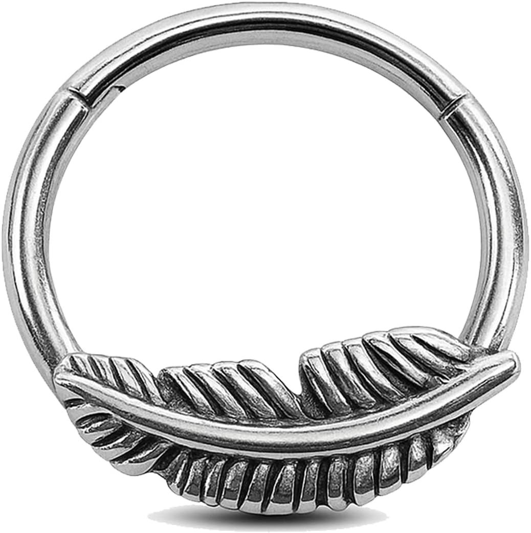 Titanium Leaf Design Septum Clicker & Cartilage Earring -16G/18G Hinged Clicker for Helix Conch Daith Rook Nostril ASTM F136 (Silver)