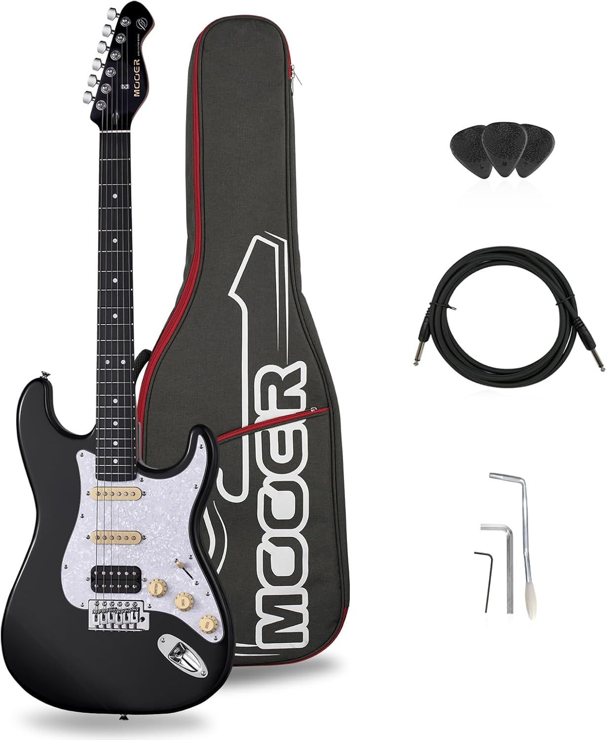 MOOER Electric Guitar Black Beginner Practice Guitar Kit, 25.5", HSS Pickup, Solid Poplar Body, Roasted Maple Neck, with Gig Bag, Guitar Cable, MSC10 Pro Series White Pickguard