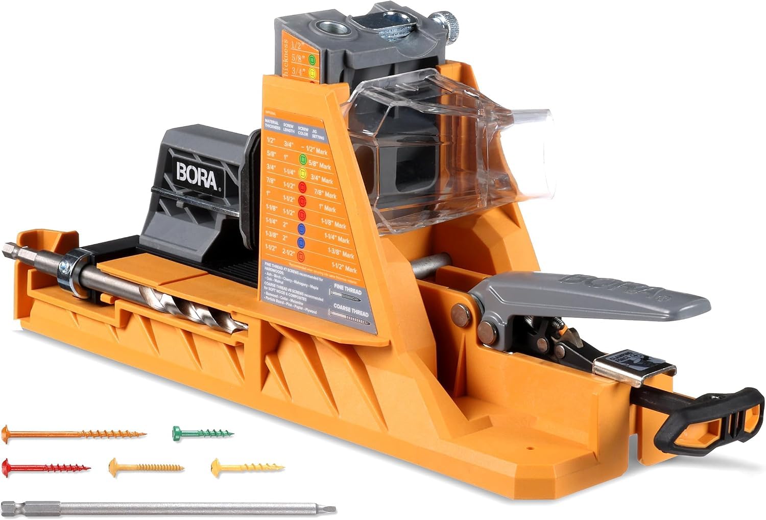 BORA Plantilla automática de agujero de bolsillo con 50 tornillos recubiertos de color, guía de taladro de ajuste automático, kit de plantilla de agujero de bolsillo para carpintería, para materiales