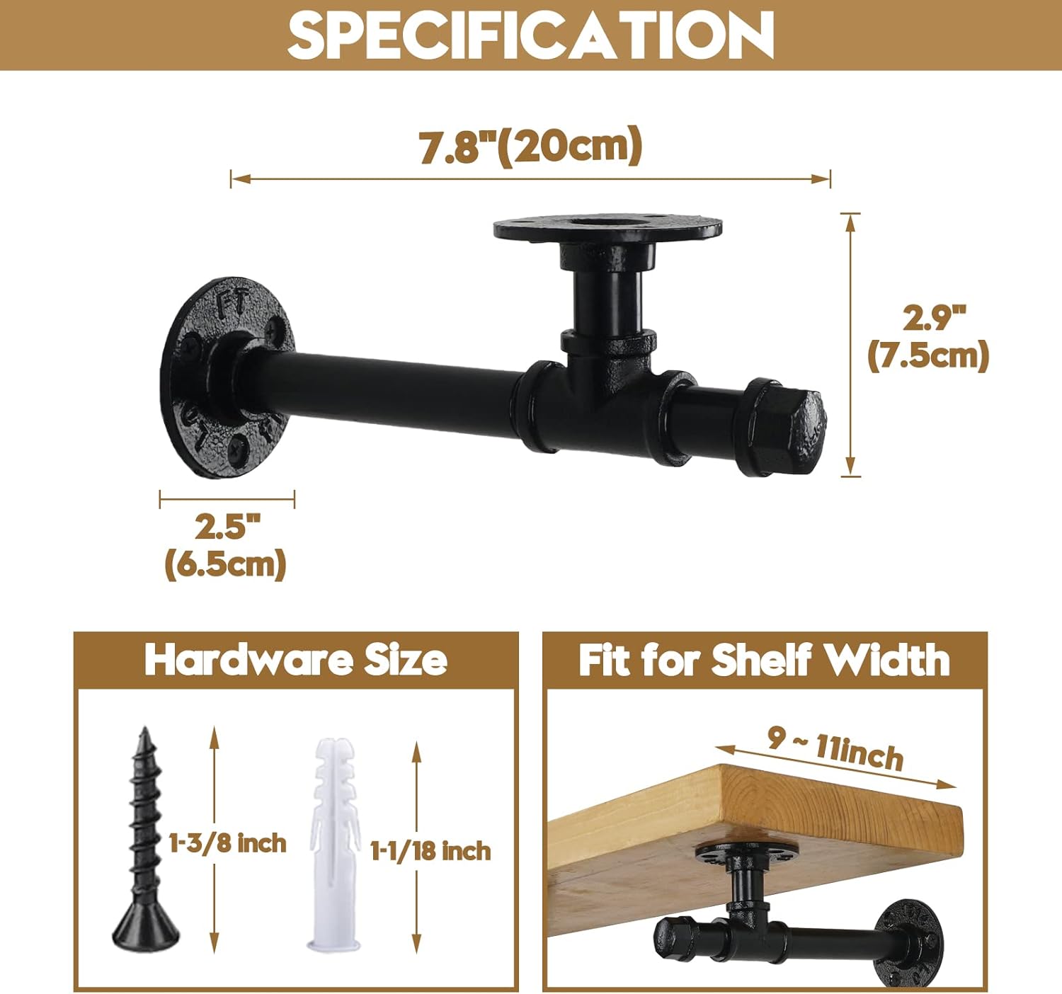 AddGrace 6 Pack Pipe Shelf Brackets 8 inches, DIY Industrial Floating Shelf Brackets Heavy Duty, Decorative Vintage Look Rustic Shelf Brackets, Wall Mounted Anti-Rust Shelf Supports