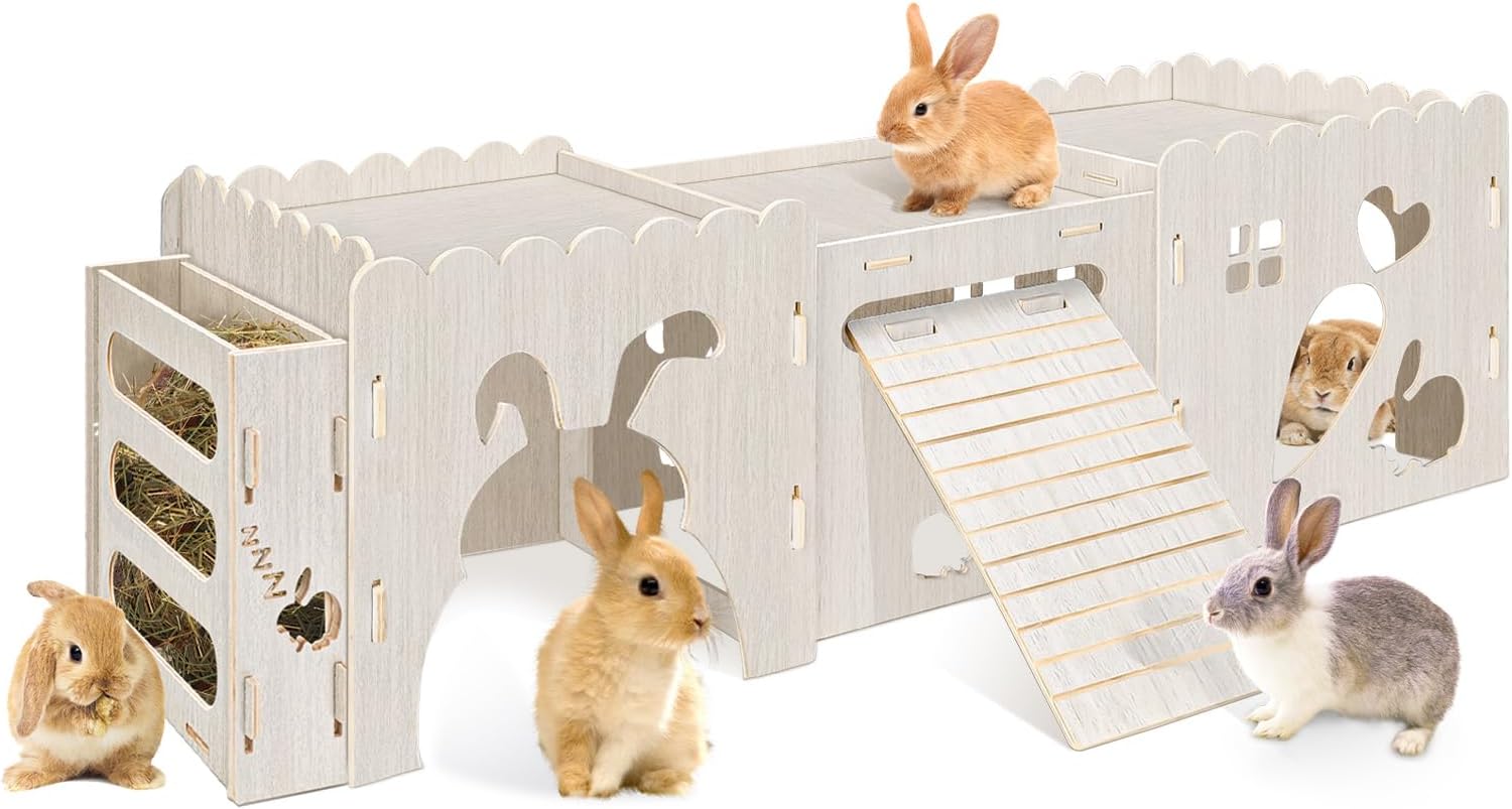 Large Double-Layer Wooden Rabbit Castle, Detachable Bunny House with Non-Slip Ramp and Visible Hay Feeder, Cute Small Animal Hideout for Guinea Pig, Chinchilla and Hamster