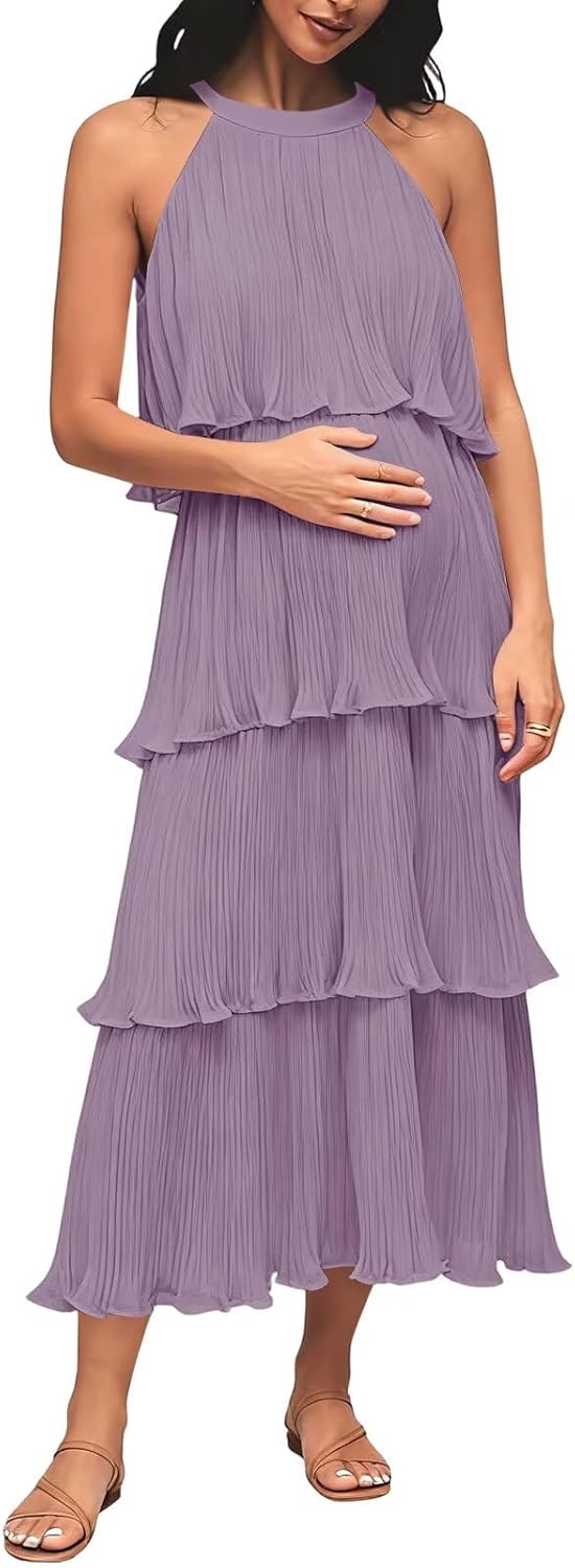 SoDigne Halter Tiered Maternity Dresses for Photoshoot Women‘s Pleated Satin Midi Robes for Baby Shower