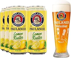 Kit 6 Cervejas Paulaner Lemon Radler Mix Alemã Lata 500ml + Copo Prost