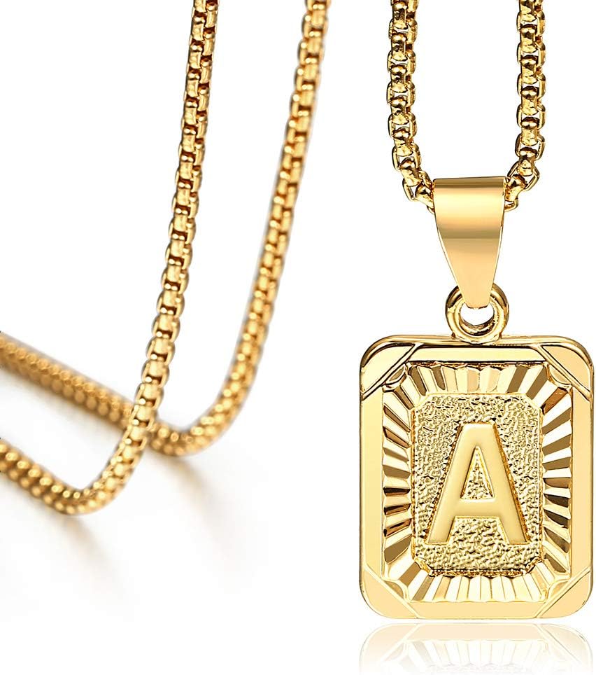 Hermah 26 Gold Plated Square Capital Initial Letter Charm Pendant Necklace for Men Women Box Steel Chain 22inch