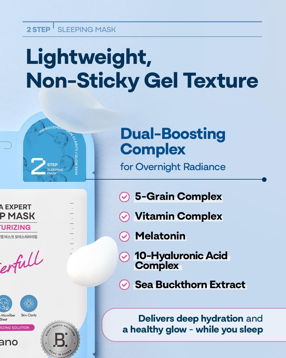 Bano Derma Expert 2 Step Moisturizing Face Mask – 2 in 1 Hydrating Sheet & Sleeping Mask with Hyaluronic Acid, Ceramide & Niacinamide | Supports Skin Barrier & Glow | Korean Skincare | 7 Sheets