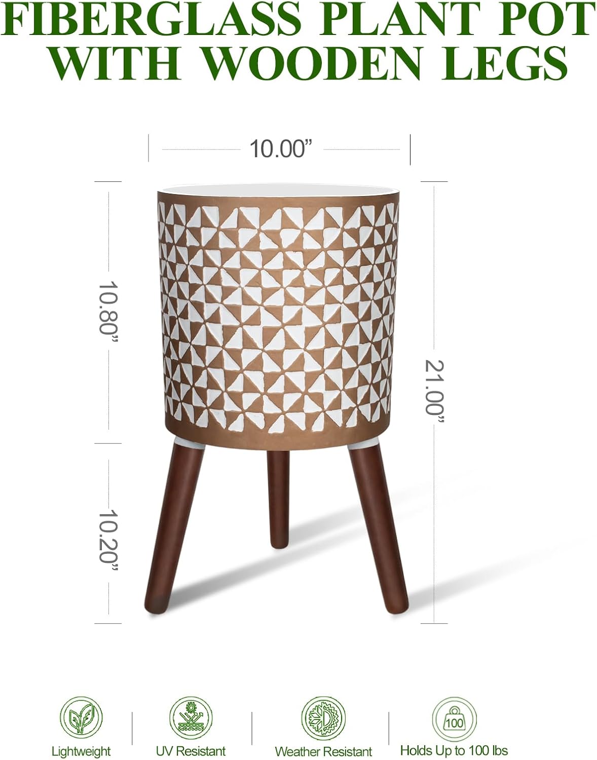 10 Inches Plant Pots with Wood Stand Large Modern Standing Planters for Indoor Mid Century Flower Pot with Drainage Holes Big White & Gold Planters for Living Room, Office, Garden or Balcony