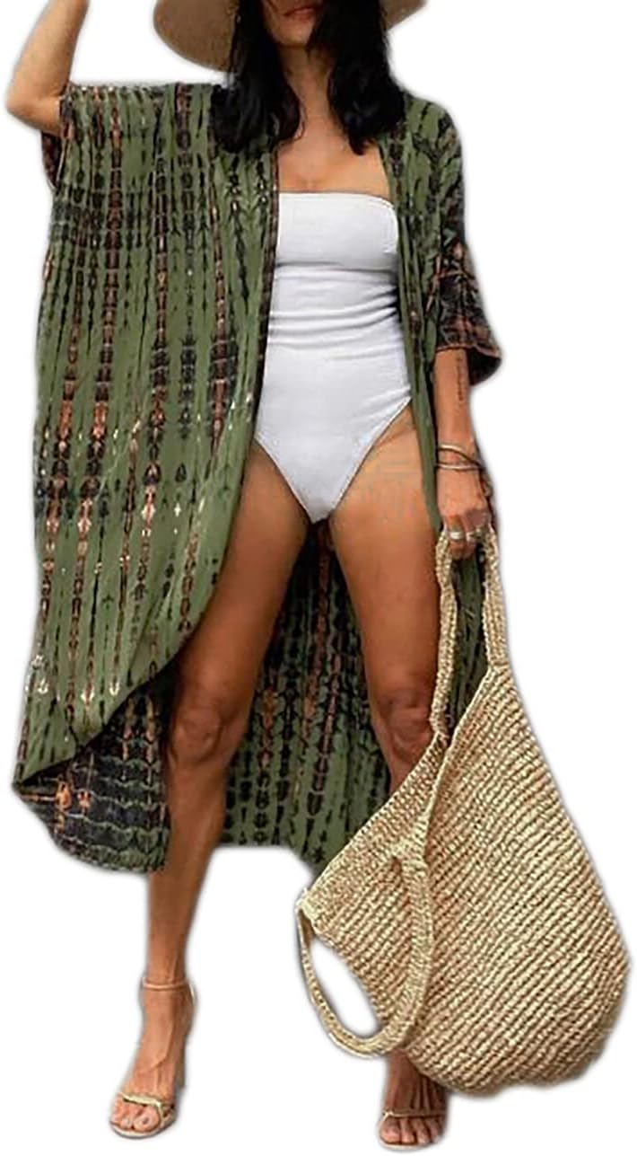 Bsubseach Stylish Tie Dye Open Front Long Kimono Swimsuit Cover Up for Women Swimwear Cover Ups