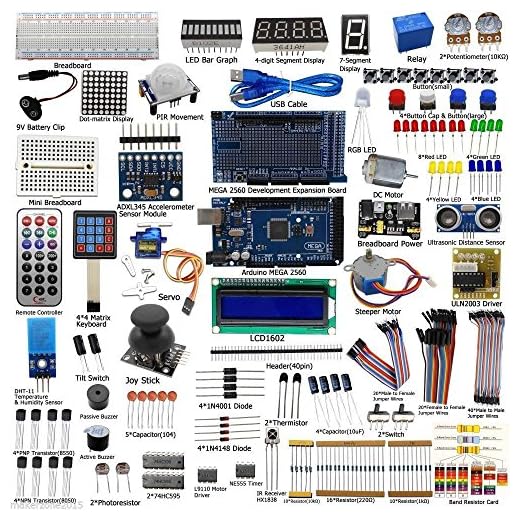 Complete Ultimate STEM Electronic Projects Starter Kit for Arduino with Mega2560, LCD1602, Servo, Stepper Motor, Sensors, Breadboard , Jumper Wire, Resistor, Capacitor, Transistor and Tutorial