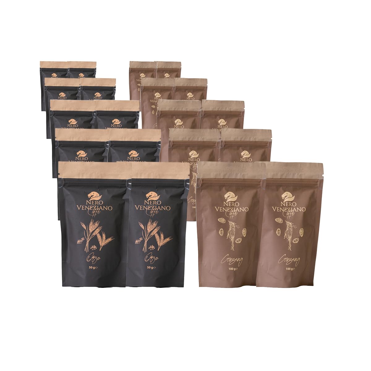 Nero Veneziano Wellness Collection - Orzo Solubile 10x50 g Naturale Sapore Amaro con Note Dolci + Ginseng Solubile Premium 10x100 g Gusto Morbido e Cremoso, Artigianale Italiano