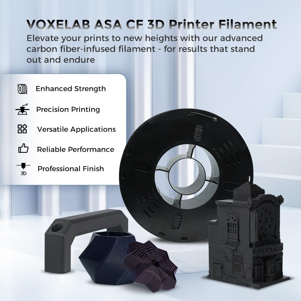 VOXELAB ASA CF filament 1,75 mm, wysokiej jakości filament do drukarki 3D ASA CF, dobra przyczepność do druku 3D, pakowania próżniowego, porządna szpulka, precyzyjna dokładność pomiaru +/- 0,02 mm, 1