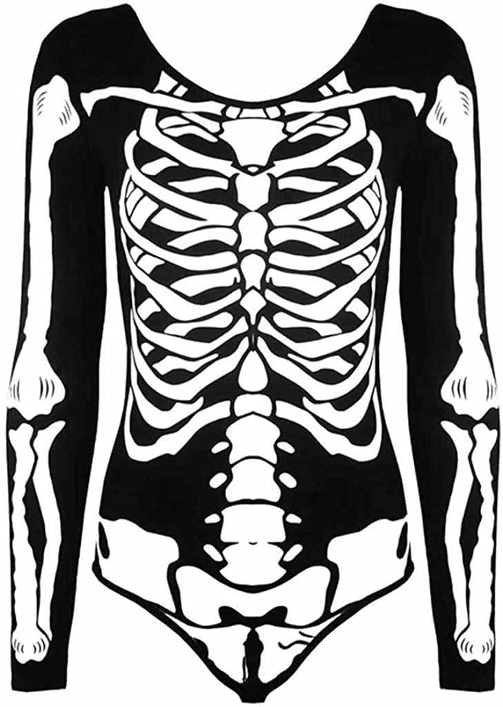 Fairy Boutique Women's Skeleton Bodysuit Long Sleeve Halloween Party Skeleton Top Scary Fancy Dress Leotard Top