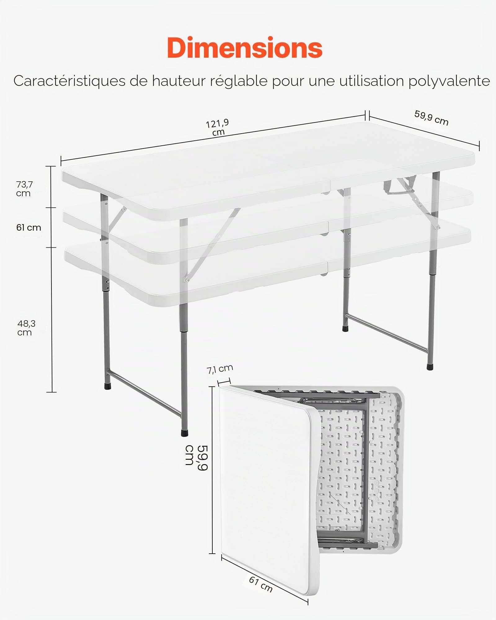 VEVOR Table Pliante Rectangulaire en Plastique, Table Utilitaire Portable de 122 cm, avec Hauteur Réglable et Poignée Intégrée, pour Dîner, Pique-Nique, Camping, Intérieur et Extérieur, Blanche