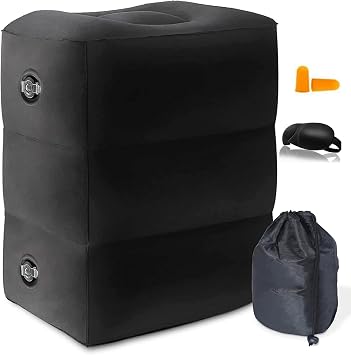 Inflatable Foot Rest Pillow for Travel, Adjustable Height Airplane Foot Cushion for Long Flights, Portable Comfort Footrest for Car, Office and Travel Gray Black