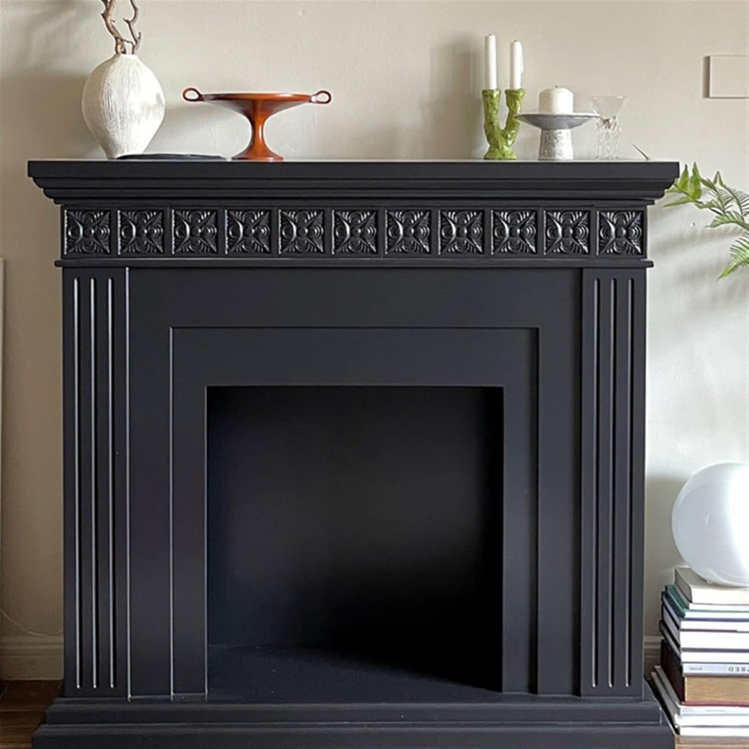 Fireplace Surround Black Fireplace Stove Mantel Trim Surround Engraved Vintage Decorative Sideboard Home Living Room Hallway