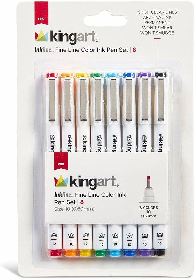 KINGART Inkline Fine Line Art & Graphic Pens, Archival Ink, Set of 8 Unique Colors, Size 10