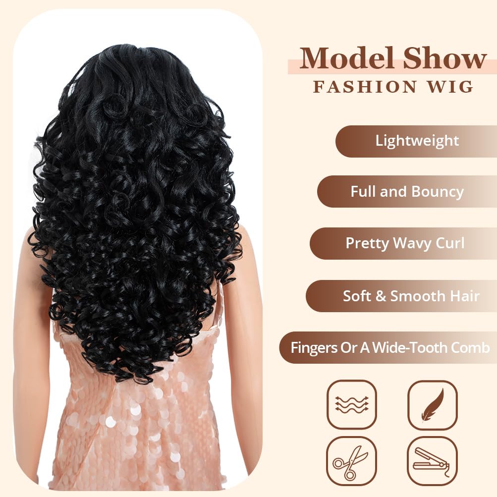 Style Icon 20” Big Curl Wavy Wigs Lace Front Black Wig with Baby Hair Large Afro Curl Wig