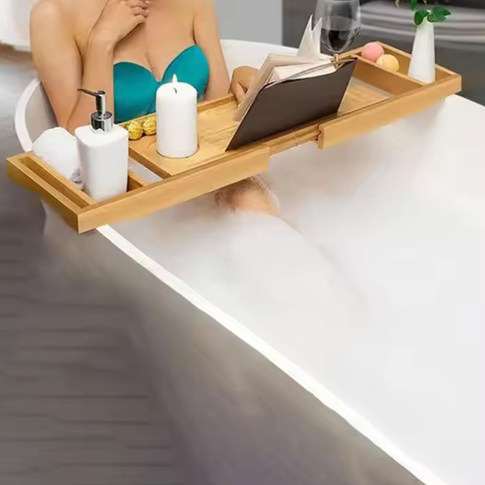 Bandeja de bañera Plegable Caddy de baño con manijas expandibles, Copa de Vino y Soporte para tabletas, Soporte de Libros, Organizador de Almacenamiento de bañera, Titulares de bañera