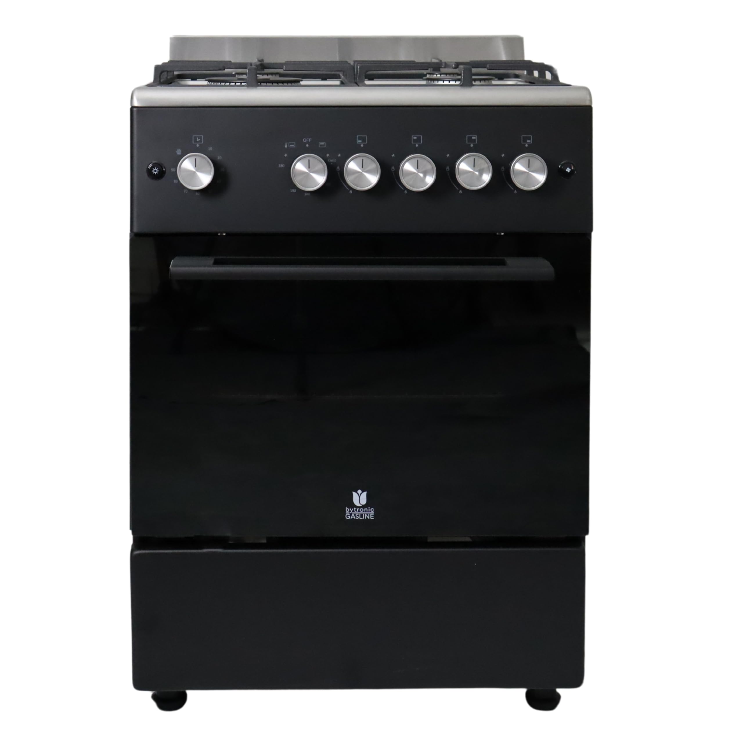 Gasline SHGG6060FGWB Gasstandherd Gaskochfeld WOK Brenner Gasbackofen mit Thermostat Grill Timer 60 cm Edelstahl Schwarz Erdgas LPG
