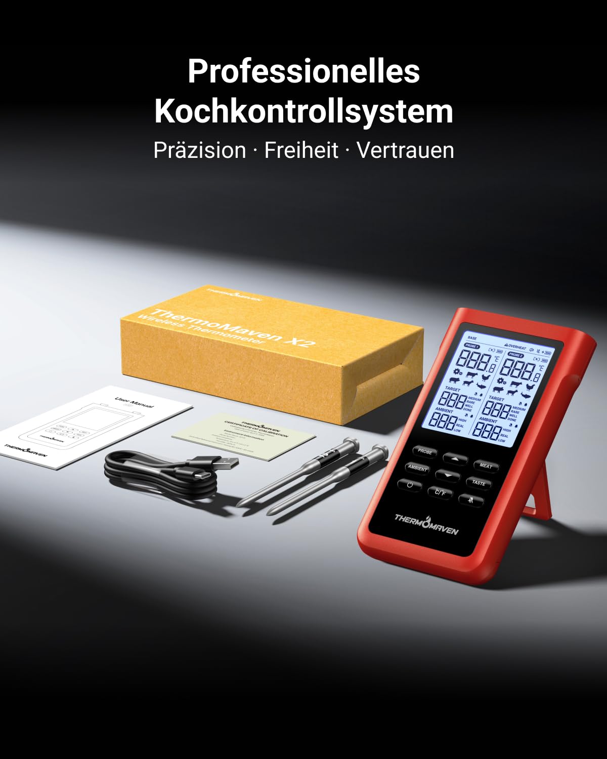 ThermoMaven X2 Fleischthermometer kabellos, 915m Sub-1G Reichweite Kein App | Grillthermometer kabellos mit 2 dünnen Sonden, 6 NIST-Sensoren, LCD-Display, Bratenthermometer für BBQ, Smoker, Backofen
