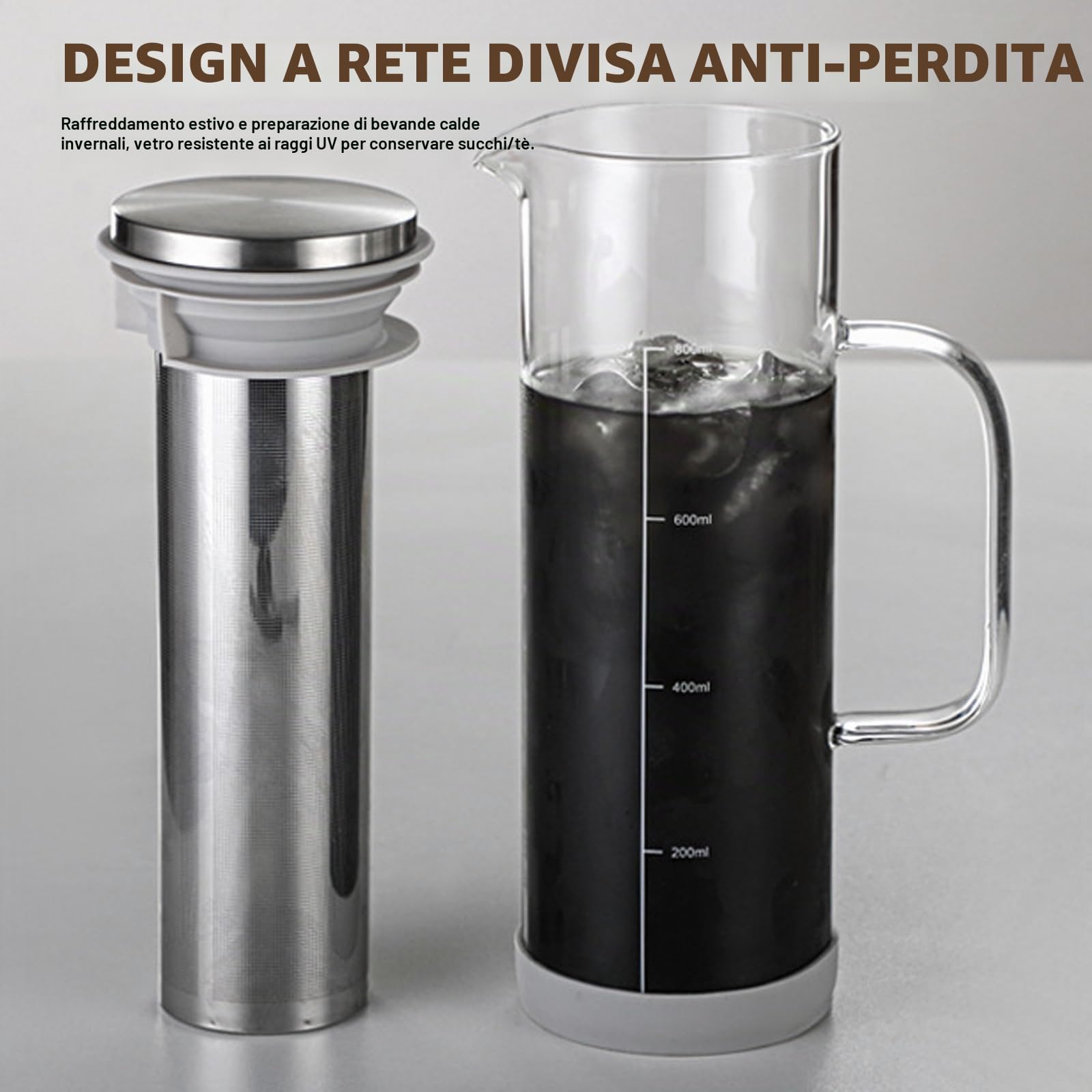 Cold Brew Caffettiera da 800 ml, Cold Brew Coffee Maker, caffettiera Cold Brew, coperchio con manico e filtro in acciaio inox, adatta per attività all'aperto, portatile, per caffè freddo, tè freddo