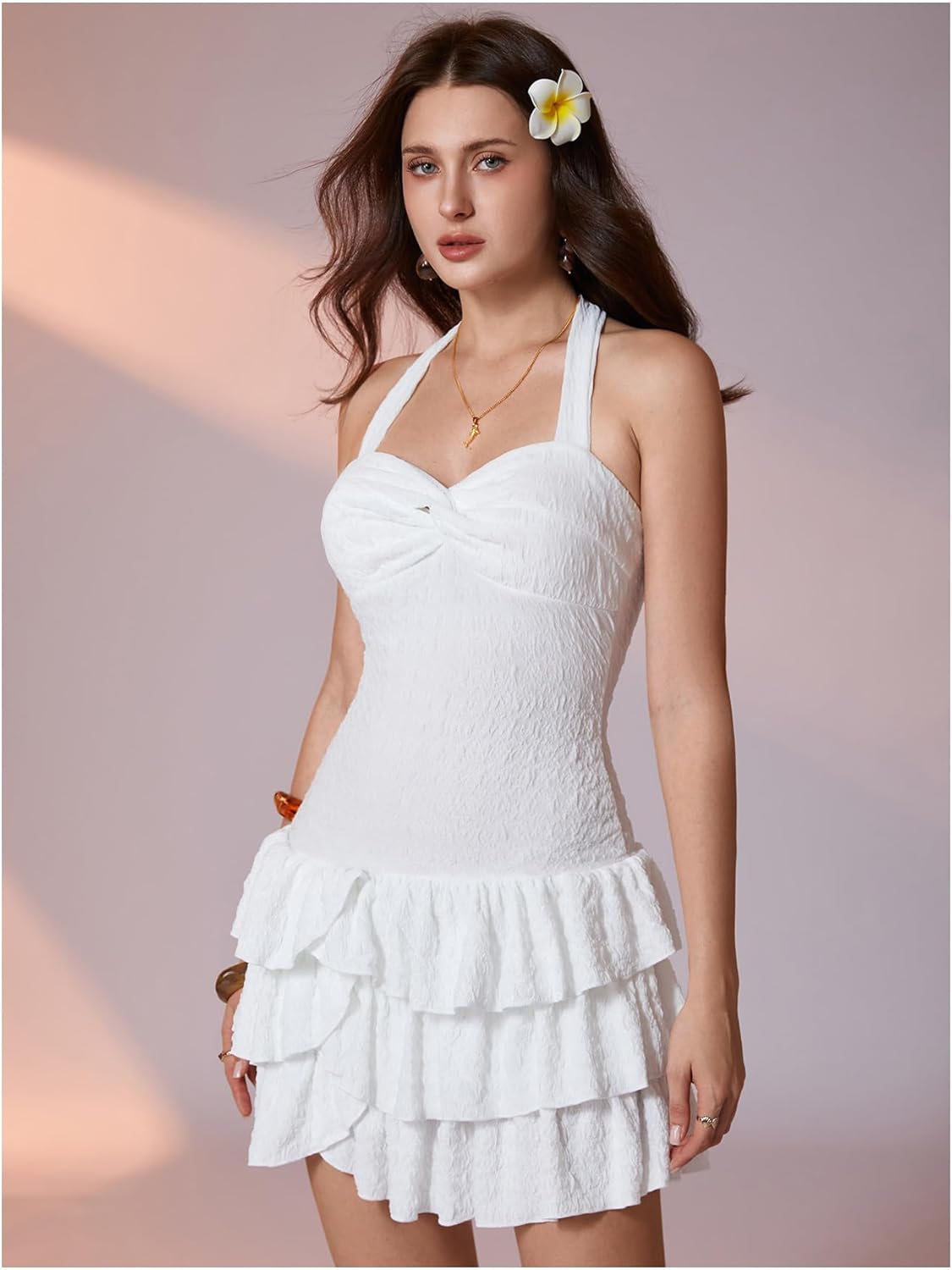 SHENHE Women's Twist Front Tie Halter Neck Layered Ruffle Hem Drop Waist Y2k Mini Dress - Image 3