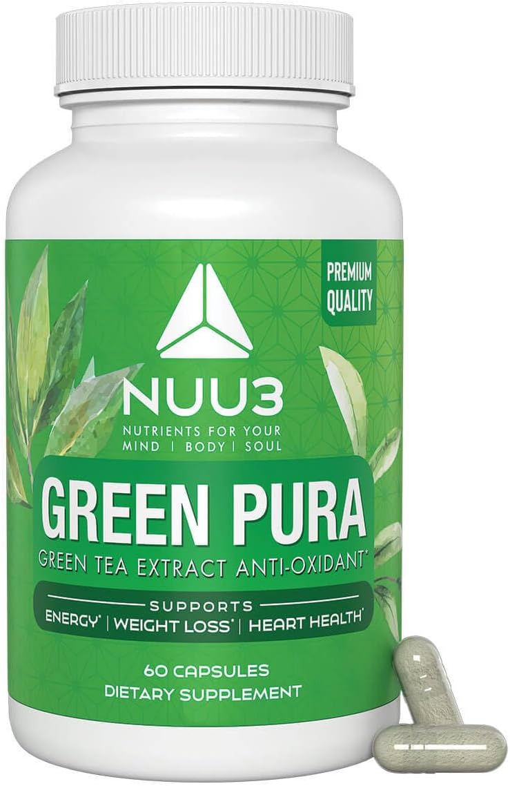 NUU3 Green-Pura - Green Tea Leaf Extract - Gut & Antioxidant Support - for a Thinner Abdomen - Boosts Energy Levels - 60 Capsules (Pack of 1)