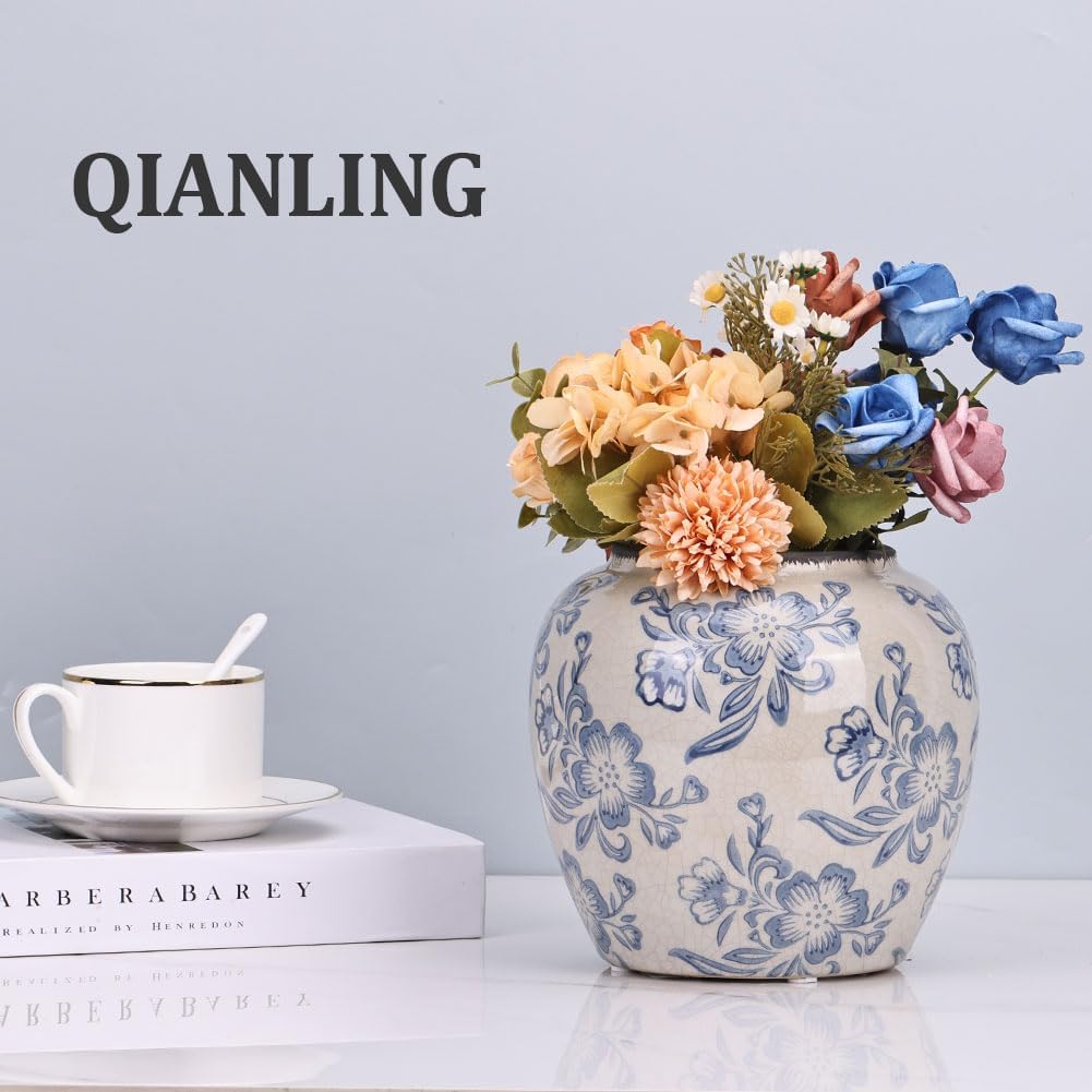 Blue and White Vase - 7.1 Inchs Vintage Ceramic Vases for Home Decor, Farmhouse Flower Vase for Living Room and Kitchen, Vintage Pottery Decor for Table Shelf and Mantle, Chinoiserie Decor Vases