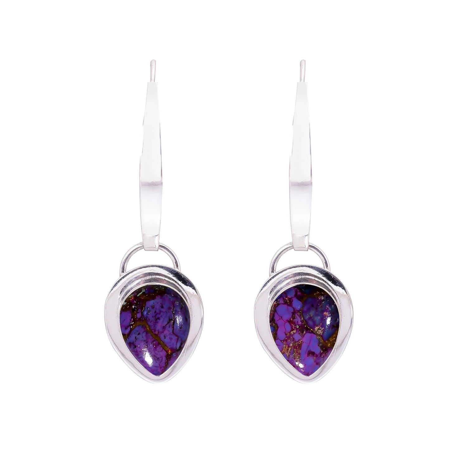 Natural Pear Shape Purple Copper Turquoise Gemstone 925 Sterling Silver Handmade Purple Stone Dangle Earrings Jewelry Gift for Wife