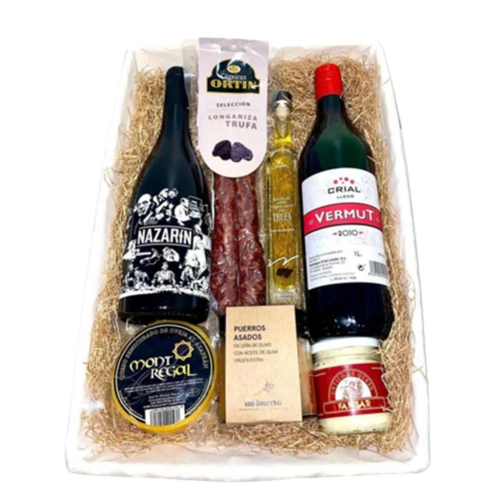 DEGUSTA TERUEL. Lote gourmet de navidad que contiene vino Nazarín, longaniza con trufa, aceite con trufa, vermut rojo, queso al azafrán, puerros asados y queso para untar.