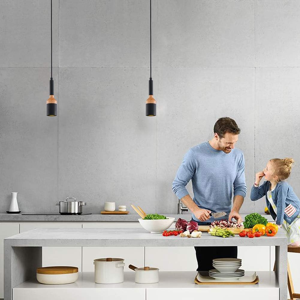 One-Day Sale: Up to 50% Off WHAERRP Modern Mini Cylinder Pendant Light , Hanging Light Fixture with Matte Black Finish and Wood Shade GU10 Base Loft Wram White Ceilings Lamps for Kitchen Island Restaurants Dining Room (2-Pack)