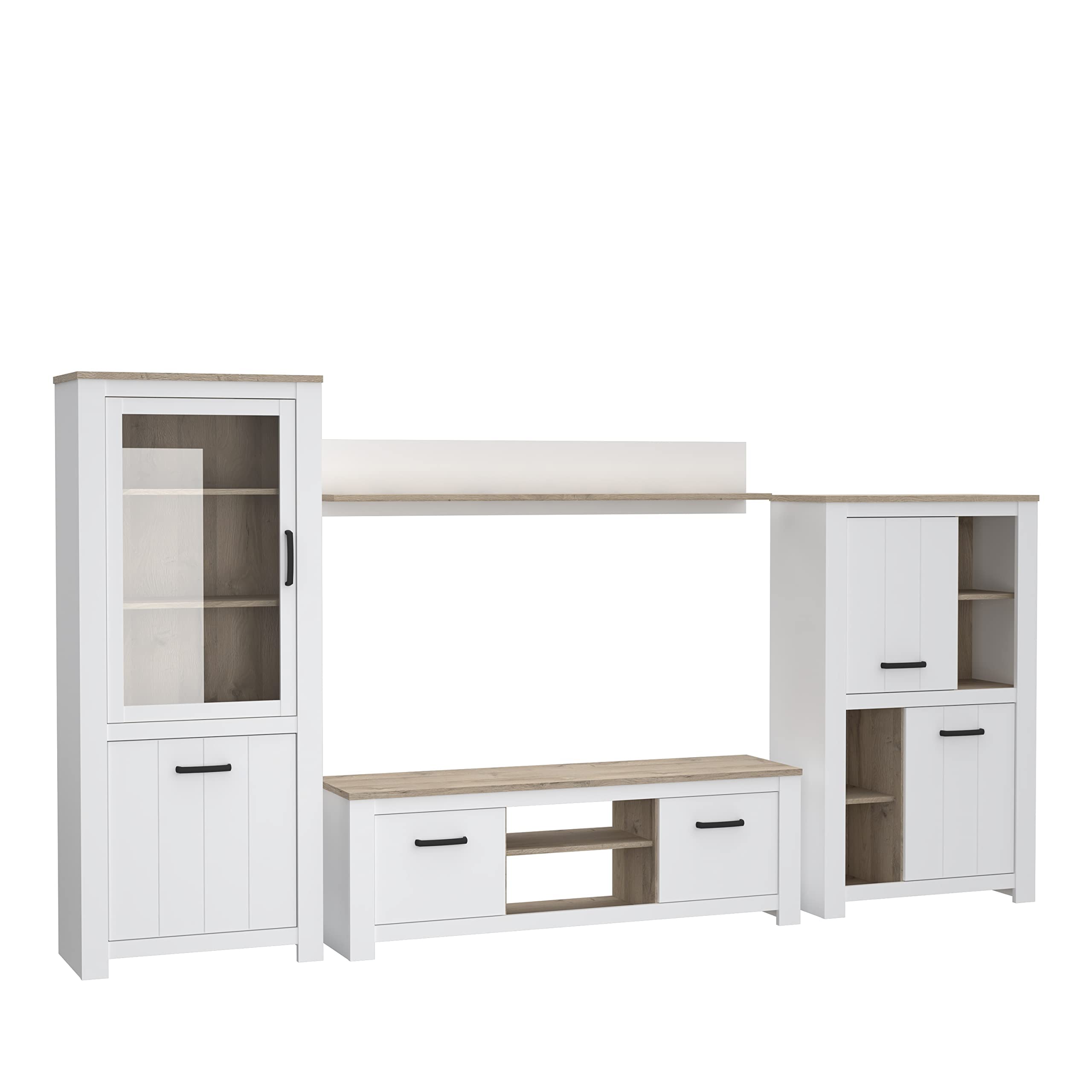 FORTE Elara Wohnwand mit 5 Türen und 1 Glastür, Holzwerkstoff, Weiß matt / Bianco Eiche, 344 x 185 x 42 cm.