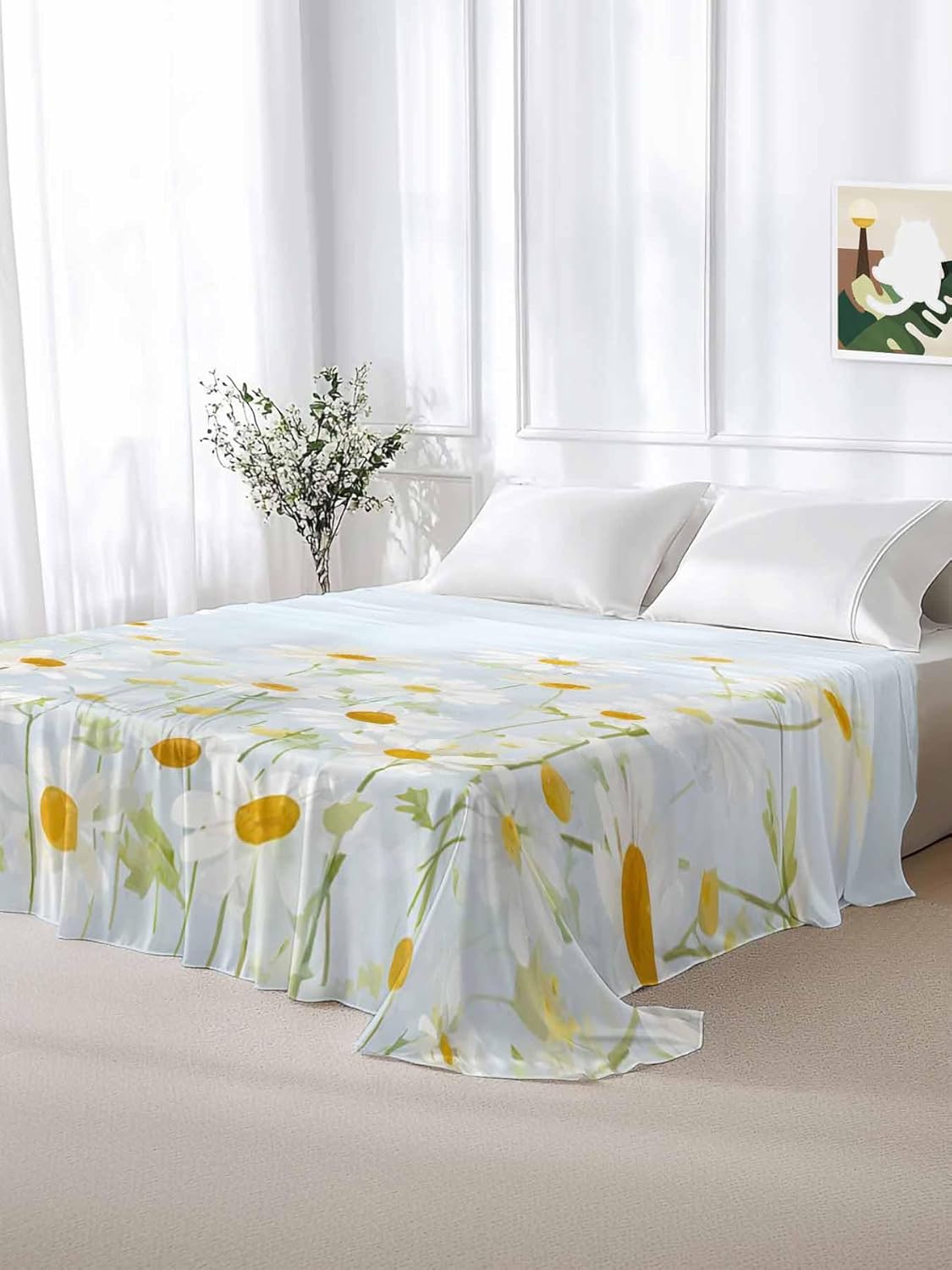Top Sheet Full Bedding Flat Sheet Only, Watercolors Small Chrysanthemums Flowers Microfiber Bed Sheets Soft Breathable Bedding Flat Sheets, Retro Plants Hotel Luxury Top Sheets