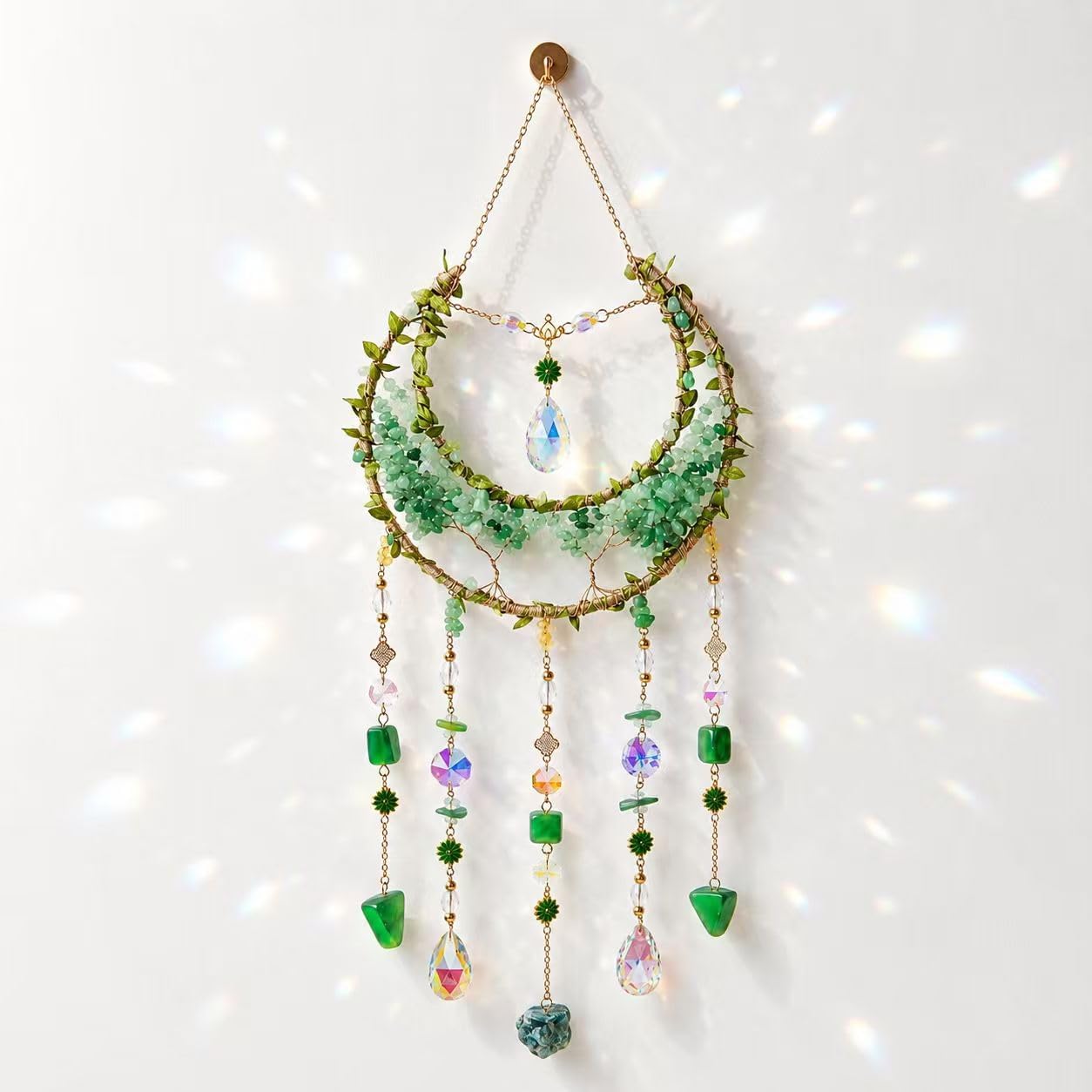Crystal Moon Dream Catcher, Boho Green Dreamcatchers for Adults Girls, Handmade Agate Sun Catcher Wall Hanging for Bedroom Living Room Window Garden Décor