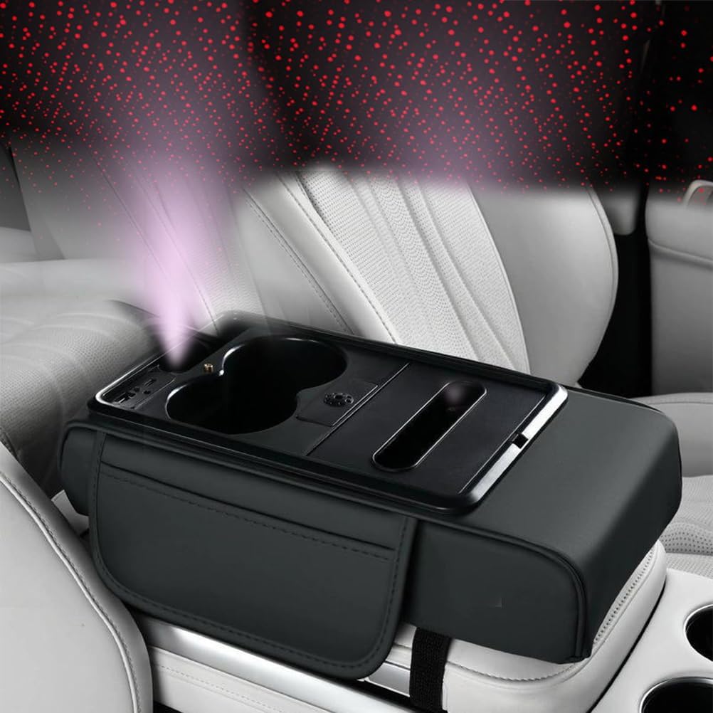 2026 Upgrade Multifunctional Pu Leather Car Armrest Box Mat,5-In-1 Car Armrest Cushion with Charging Ports,Cars Center Console Cover Pad,with 2 Cup Holder,Tissue Slot & Phone Holder (BLACK)