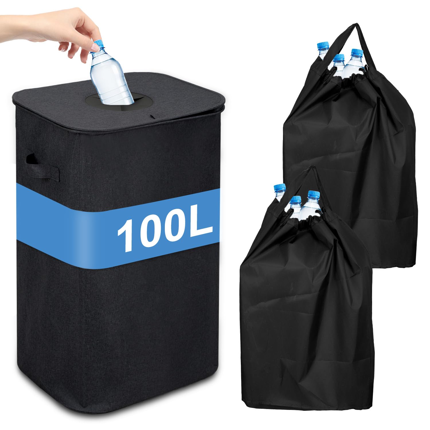 100L Schwarz 2X Pfandflaschen Sammelbehälter mit Deckel & 2X Tragetasche,Behälter Leergut & Altglas Aufbewahrung, Robuster Flaschensammler für Küche